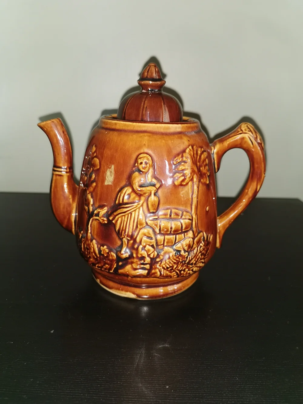 Antique Rockingham Glaze Stoneware Teapot Rebekah At The Well 7.5
